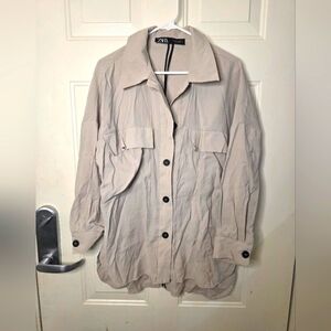 Zara Oversizes Button Up Long Sleeve Shirt Jacket‎ Tan Size Small
